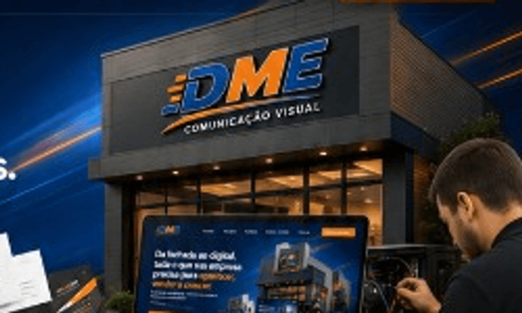 Composição DME: fachada, impressos, site e assistência. Imagem provisória da referência de layout.
